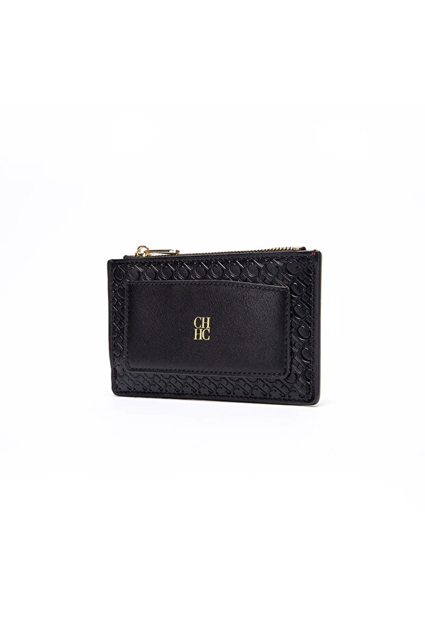 CA5-BLACK CH Embossed PU Leather Card Holder Women Zipper Coin Purse Slim ID Wallet Smal