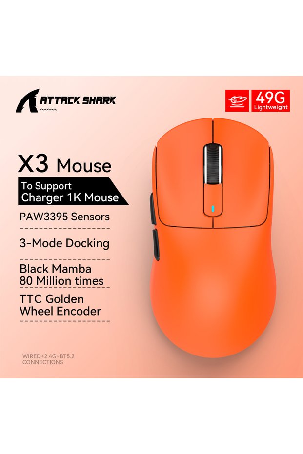 ماوس X3 برتقالي خفيف من ATTACK SHARK X3، لاسلكي، بلوتوث، اتصال ثلاثي الأوضاع، PAW3395، ماكرو بلو