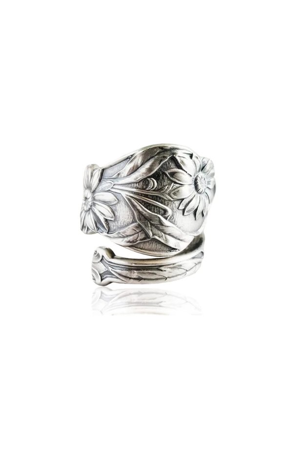 zd1183 Boho Engraved Flower Flora Women Rings Ancient Vintage Finger Accessory for Party Daily Wear