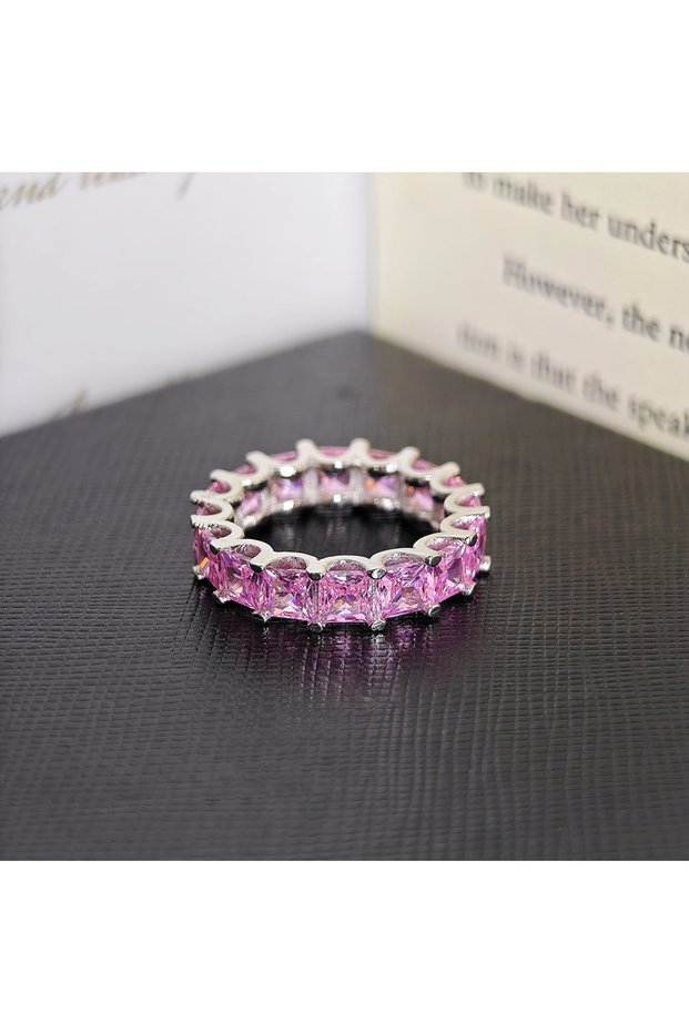 5 Pink Luxury Pink Silver Color Aesthetic Wedding Band Eternity Ring for Women Gift Finger Lots Jewe