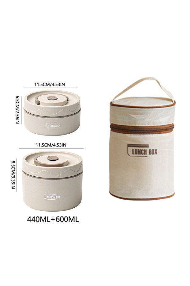 2pcs-white 304 Stainless Steel Insulated Lunch Box with Storage Bag Portable Double-layer Covered Lu