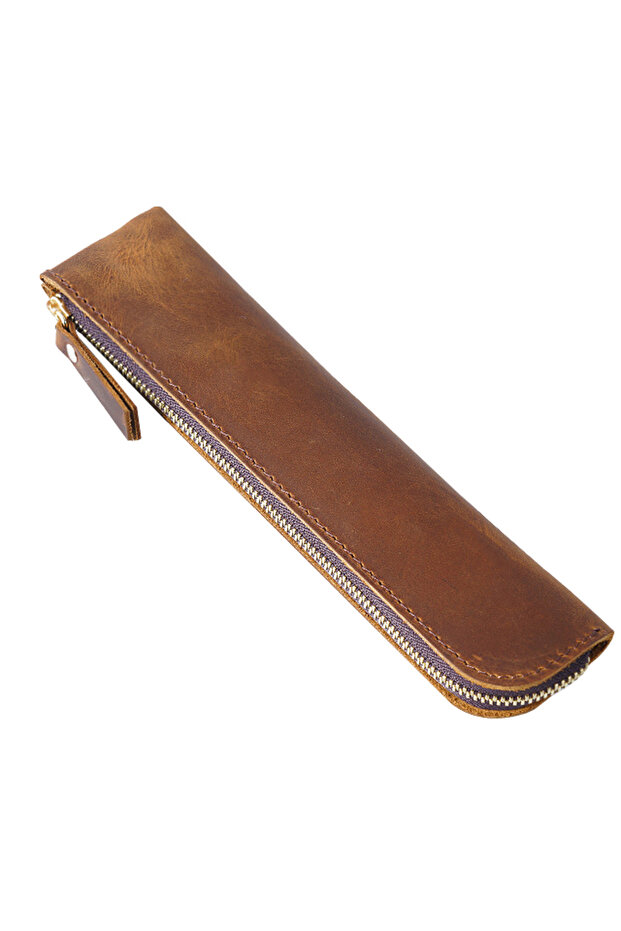 Brown Portable Genuine Cowhide Pencil Case Retro Leather Pen Bag Storage Pouch for Pens Stationery H
