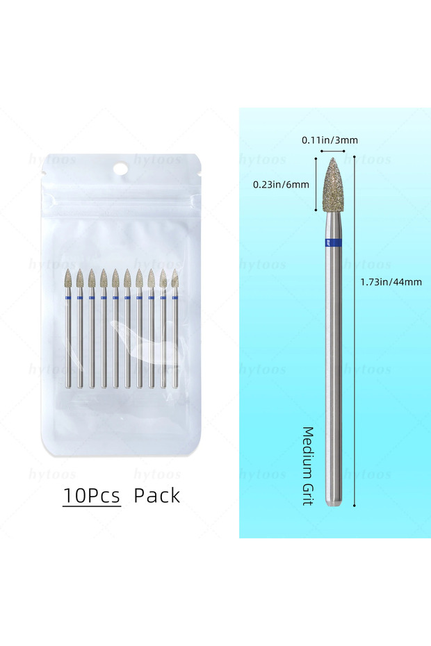 G306-M(D) HYTOOS 10Pcs/Pack Diamond Nail Drill Bits Pro Russian Cuticle Clean Bit for Nail Dead Skin