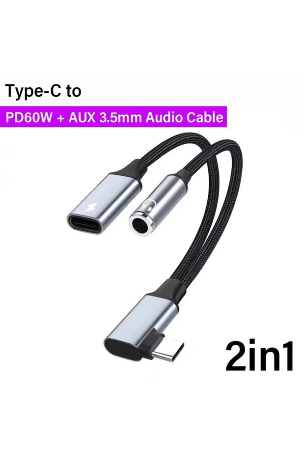 USB C to AUX Elbow 2 in 1 USB C to AUX 3.5mm Audio Cable USB Type C Extension Cord 60W Fast Charging