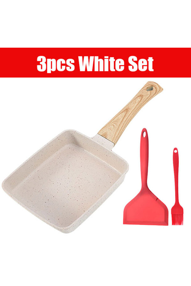 3pcs White Set Nonstick Tamagoyaki Pan Japanese Omelette Egg Pan Rectangular Egg Roll Pan with Detac