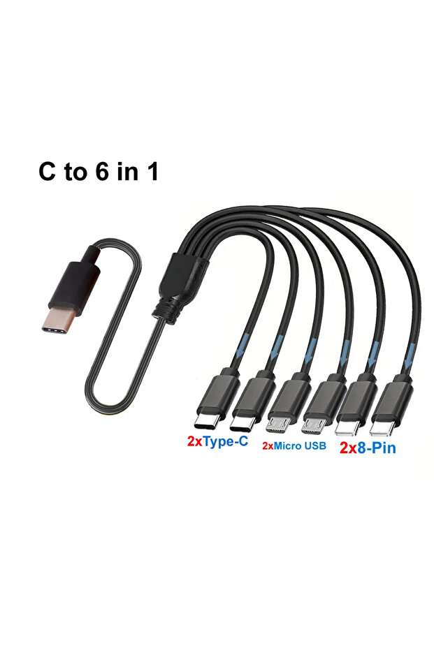 كابل شحن USB-C مقسم 5 فولت 0.5 متر 50 سم من C إلى 6 في 1 لأجهزة متعددة سلك شحن 3 6 في 1