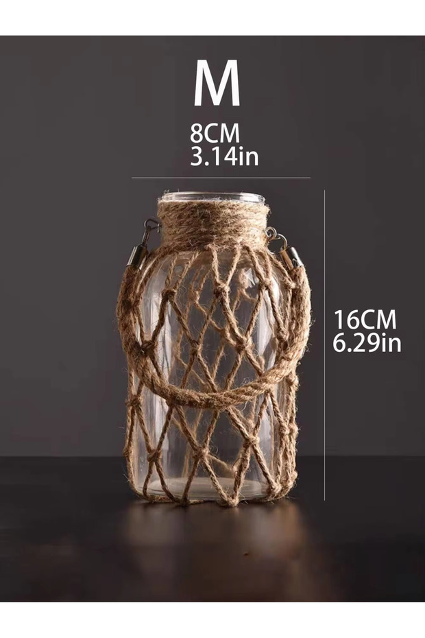 TK815-RXHP238 Rustic Hanging Glass Vase with Art Hemp Rope ,Rope Net Dry Flower Glass Vase,Home Tran