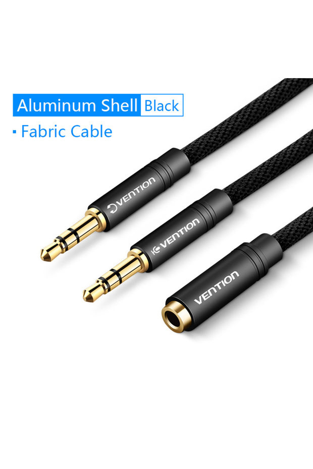 كابل مضفر بطول 1 متر، محول سماعة رأس Vention Audio Splitter، كابل AUX مقاس 3.5 مم للكمبيوتر، 1 أنثى إلى 2
