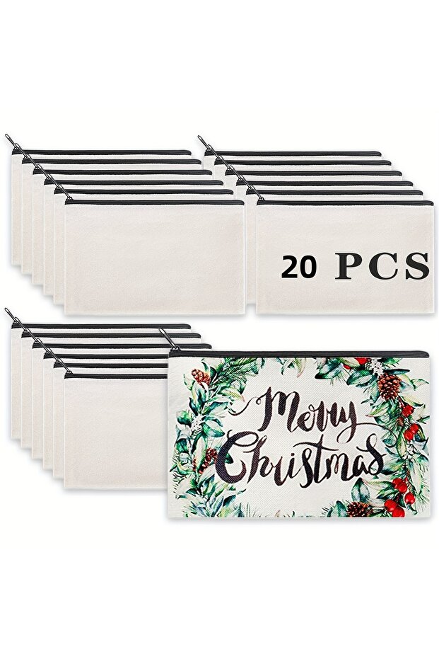 20PCS Customizable Sublimation Canvas Makeup Bags - Diy Heat Transfer Pencil Cases With Clear Window