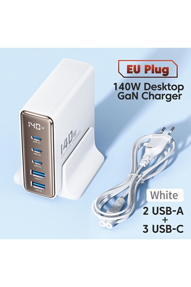 EU White 140W GaN USB Charger 5in1 Desktop Fast Charge USB Type C Charger LED Display