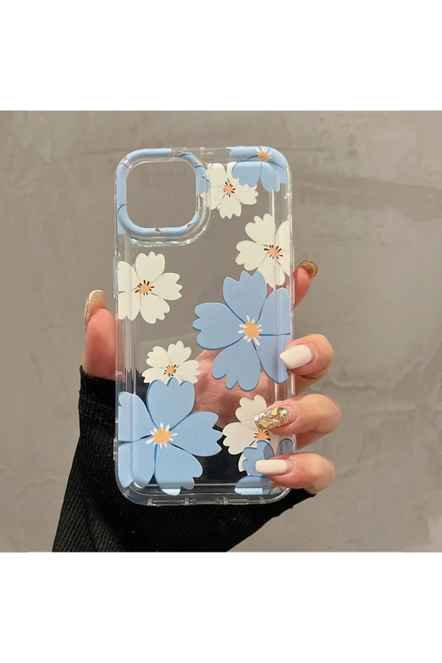 غطاء هاتف شفاف بنقشة زهور كبيرة باللون الأزرق الصيفي لهاتف iPhone 13 2، متوافق مع iPhone 15 14 Pro Max 13