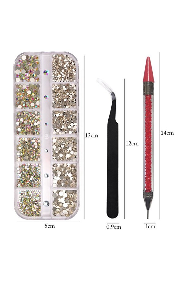 WHITE 12 Grids Multi Sizes Clear Crystal AB Nail Rhinestones Set DIY Nail Art Decoration Diamonds wi