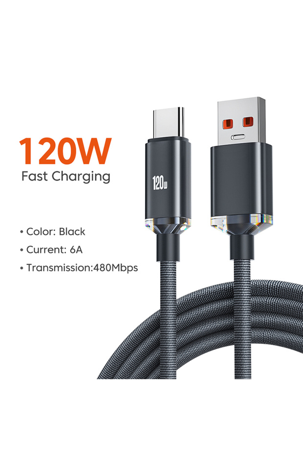 1.5m Black For Type C NEW 120W 6A Fast Charge USB Type C Quick Charge Cable For Samsung Realme Xiaom