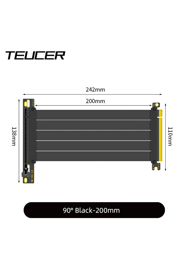 كابل PCI-E 3.0 أسود بطول 20 سم من TEUCER PCI-E 4.0 X16 Riser لبطاقة الفيديو، محمي من التداخل الكهرومغناطيسي، مرن وعالي السرعة