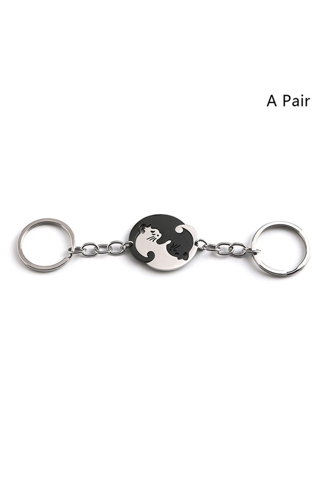 A1 Cute Hug Cat Keychain Creative Patchwork Heart Round Keyring Couple Lovers Key Chains Bag Pendant