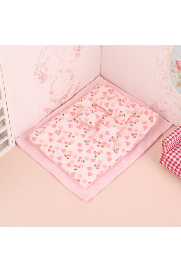 Pink 1Set 1:12 Dollhouse Miniature Bed Four Piece Bed Set Bed Sheet Quilt Pillow Quilt Cover Bedroom