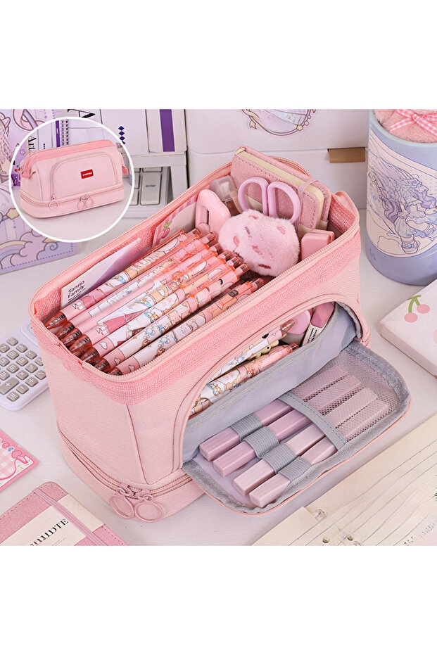 Pink Student Oxford Cloth Double-layer Pencil Case Large Capacity Office Desktop Pencil Storage Box