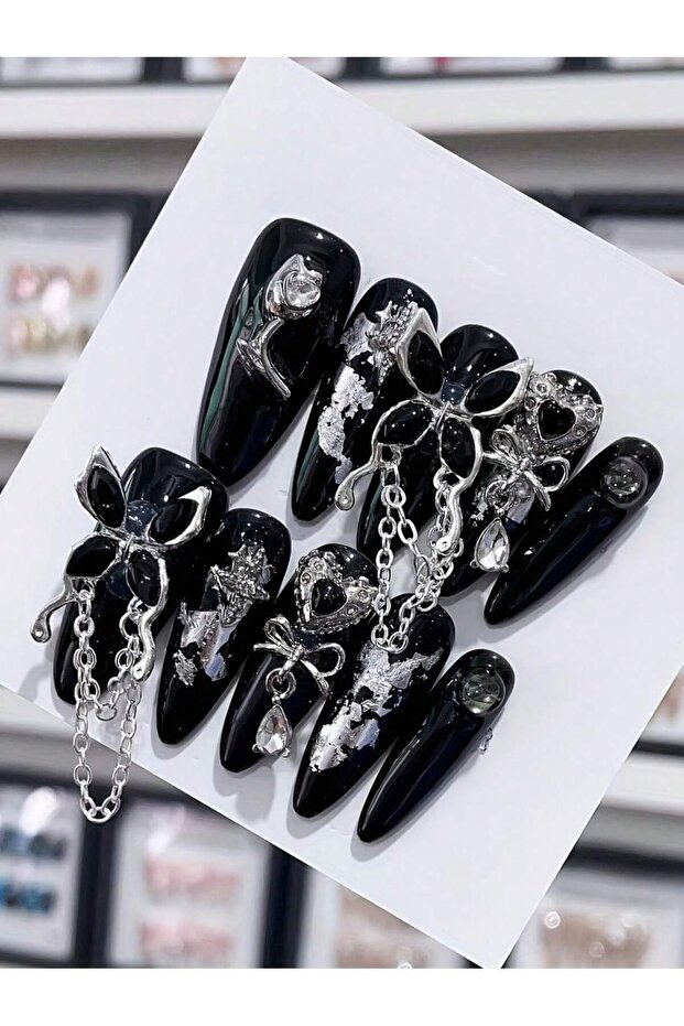 S 10pcs Handmade Nails Y2K Long Almond Shape Press On Nails, Black Fake Nail With Butterfly Rhinest.