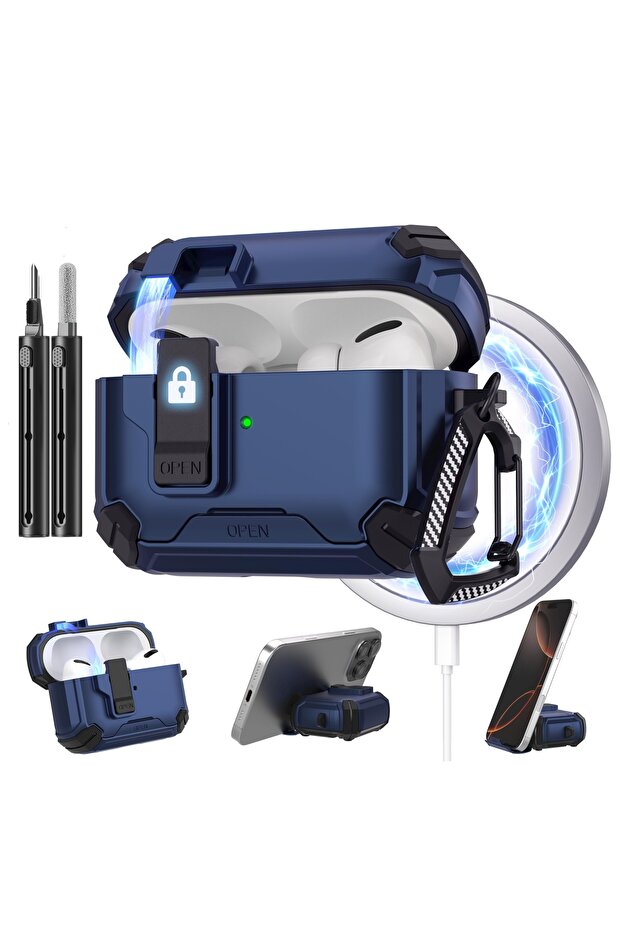 For Airpods 4 Case Blue with Pen For AirPods 4 Generation Case Magnetic Automatic Lock with Phone St