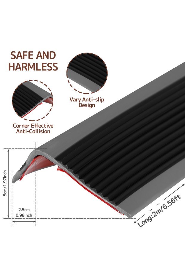 2m 1PC Black gray 1 Roll Stair Edge Protector Soft PVC Non-slip Stair Nose Edging L-Shape Self-Adhes