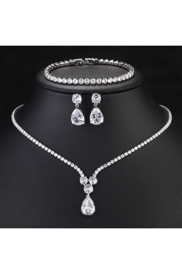 White 3pcs ZAKOL Luxury Clear Water Drop Zircon Jewelry Set for Women High Quality Shiny CZ Wedding