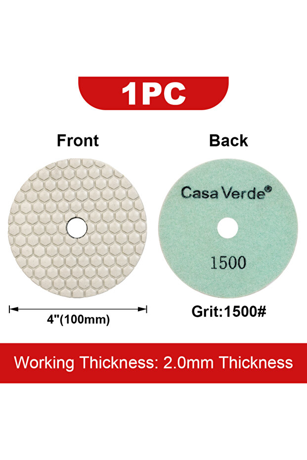 1 Pc Blue-Grit 1500 Casaverde 1PC 4"/100mm Diamond Polishing Pads Dry and Wet Buff Disc for Marble G