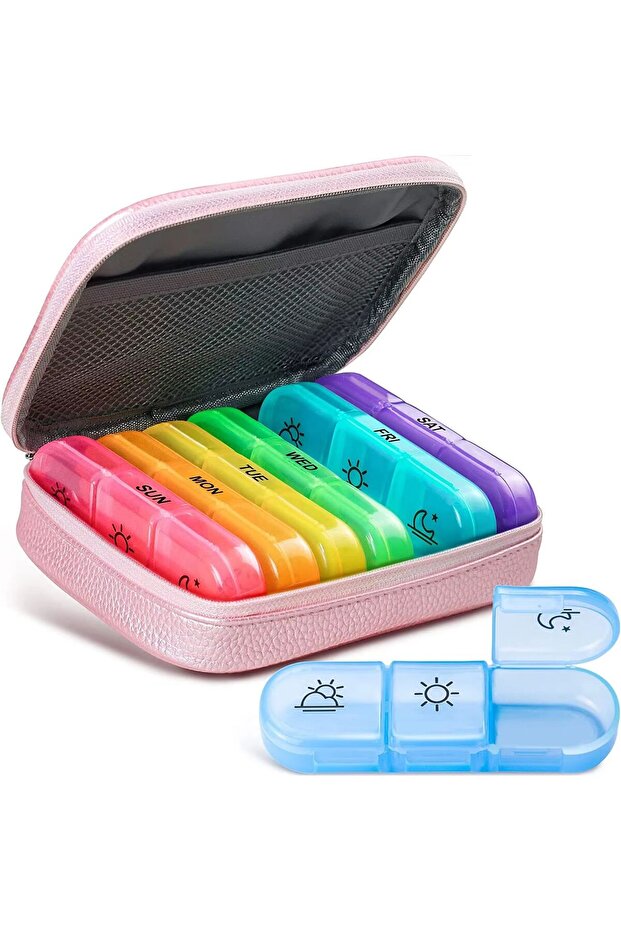 Pink Weekly Pill Organizer 3 Times a Day, Portable 7 Day Pill Box with a PU Leather Bag for Travel,