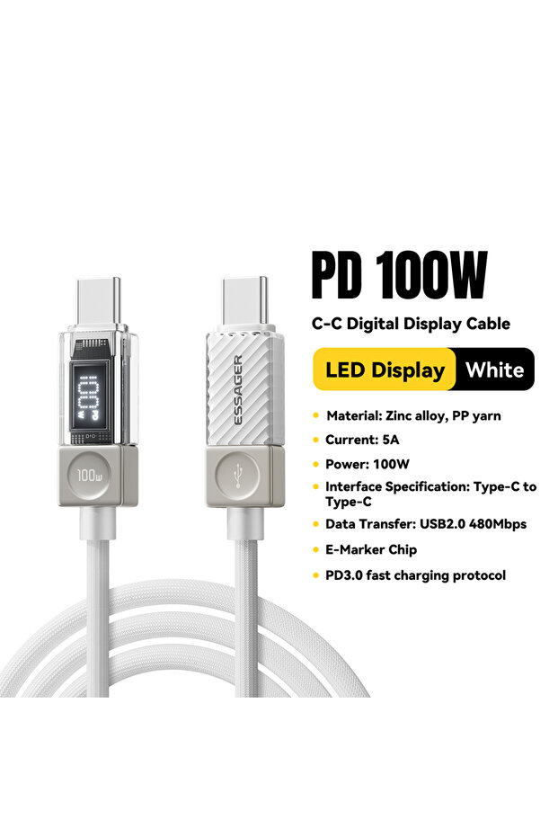 كابل USB-C أبيض بطول 1 متر وقوة 100 واط، متوافق مع أجهزة iPhone 17 و16 و15 Plus وPro Max وMacbook وiPad