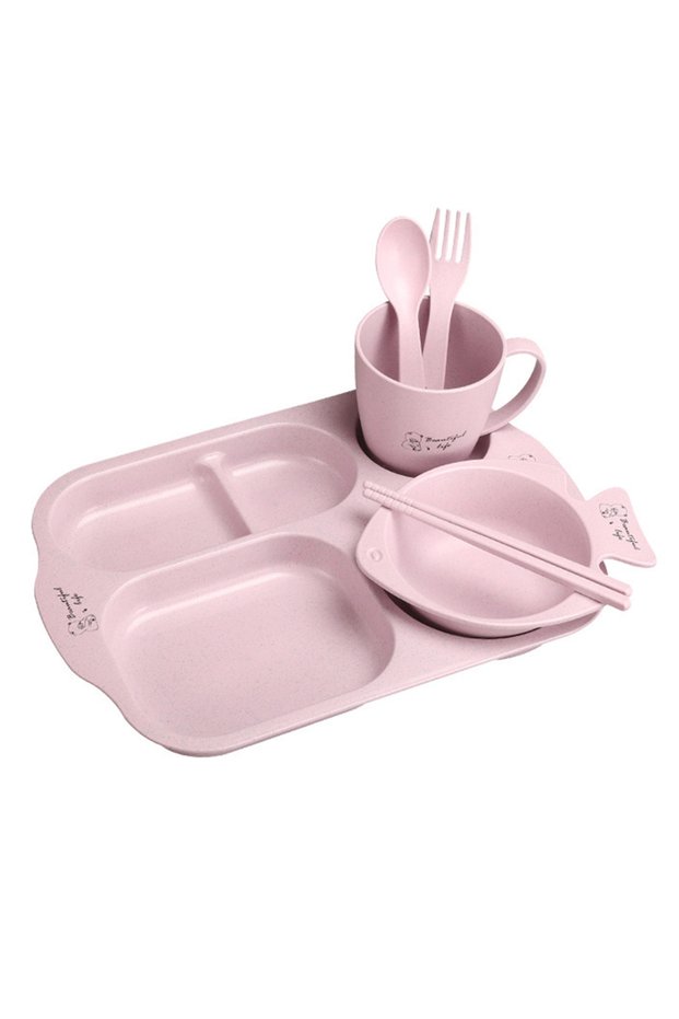 Pink 6Pcs/ Set Children Baby Tableware Set Cartoon Plates Kid Dishes Children Dinnerware Anti-hot Tr