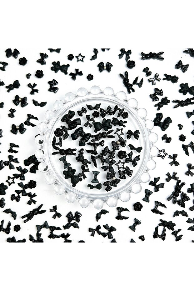 M7411 Mixed 50PCS 50PCS Multiple Style Black Bows Rose Nail Art Decorations Resin Mini Heart Star Da
