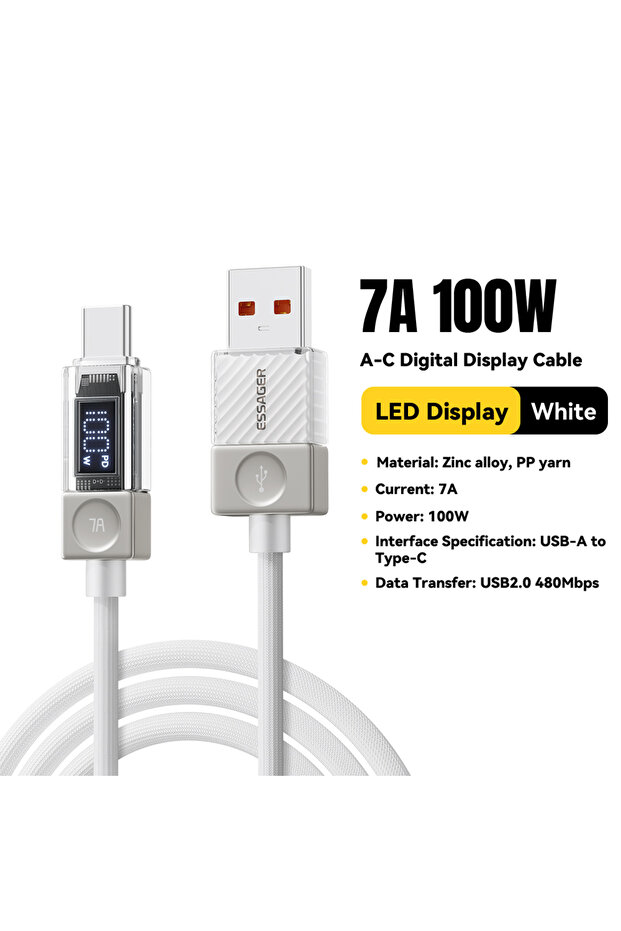 كابل USB-C أبيض بطول 1 متر، 7 أمبير، 100 واط، من النوع A إلى النوع C، بقدرة 240 واط، متوافق مع أجهزة iPhone 17 و16 و15 Plus وPro Max وMacbook وiP