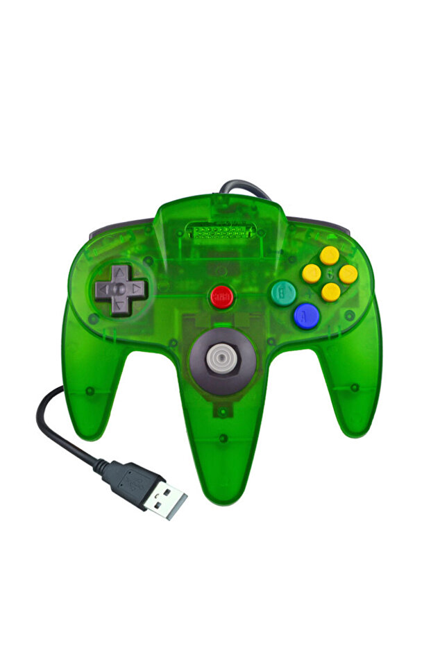 وحدة تحكم N64 شفافة باللون الأخضر، مزودة بجهاز تحكم سلكي USB كلاسيكي، ملحقات عصا التحكم للألعاب