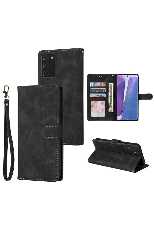 Galaxy S25 Ultra Case & Strap Black Wallet Magnetic Flip With Card Slot Leather Case For Samsung Gal