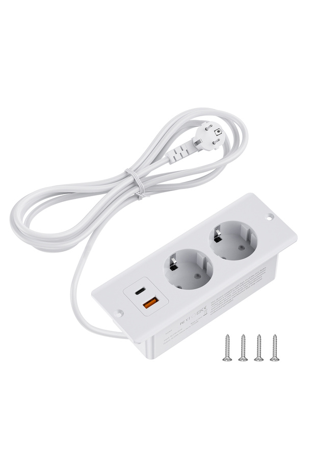 مقبسان كهربائيان مدمجان على سطح المكتب باللون الأبيض من الاتحاد الأوروبي، 1 منفذ USB-A و1 منفذ Type-C مدمجان على سطح المكتب مع
