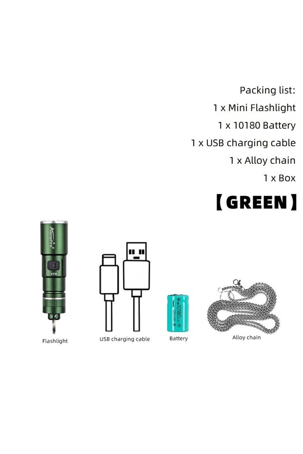 X76-Green Mini Zoom EDC Cool Neck Small Flashlight USB Rechargeable Torch Outdoor Camping Hiking Eme
