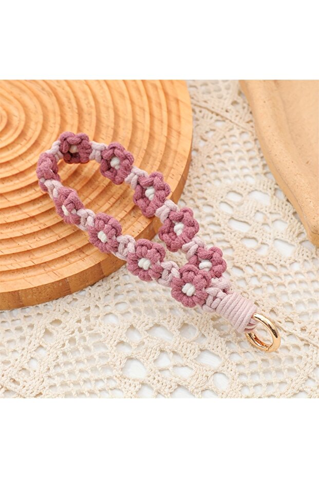pink Handmade Boho Macrame Keychain Wristlet –Exquisite Crochet Floral Design,Perfect for Keys or Ph