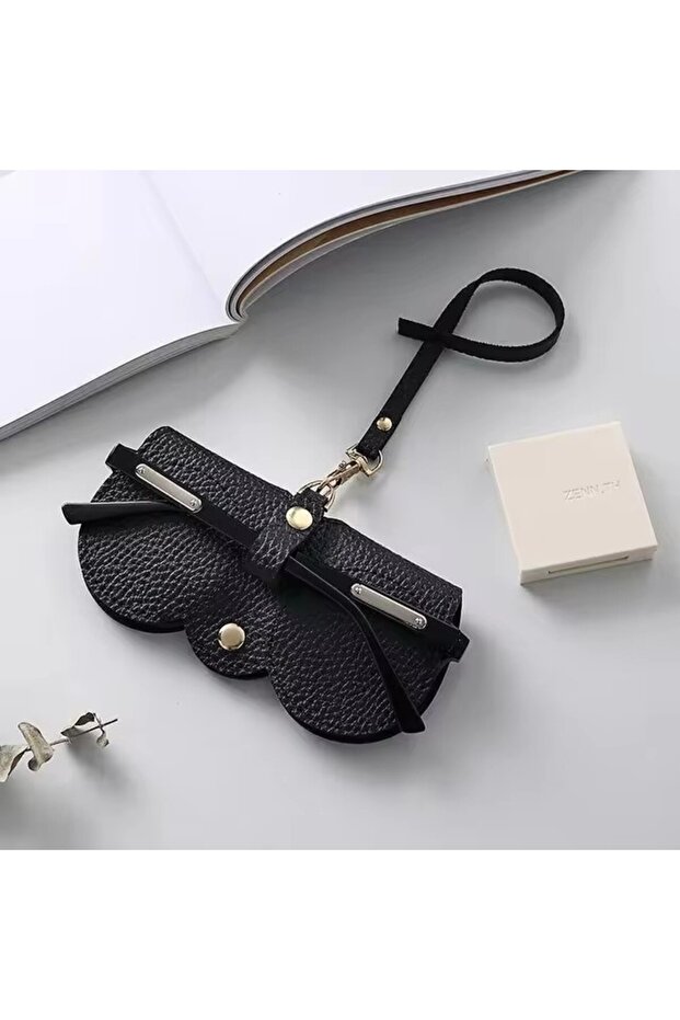 Black Litchi Embossed Glasses Cover Cute Hanging Pu Leather Sunglasses Reading Glasses Storage Bag P