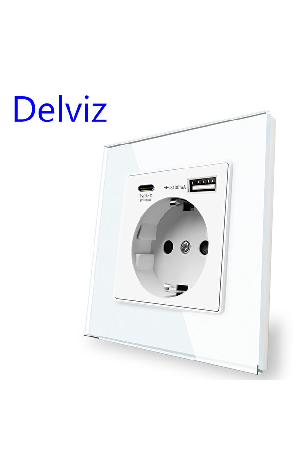 Type C USB Socket Delviz Type C Quick charge Socket,White Tempered Crystal Glass Panel,QC 3100mA Wit