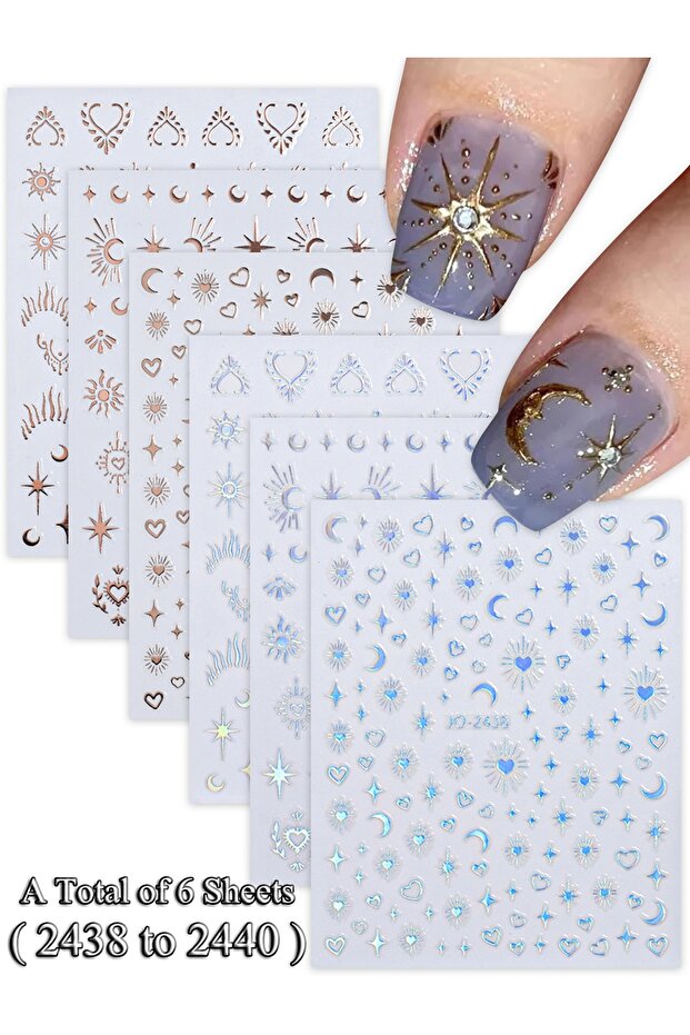 Set9 (6 Sheets) 6/12/24 Sheets Gold & Silver Star, Moon & Heart Nail Stickers, Self-Adhesive 3D Nail
