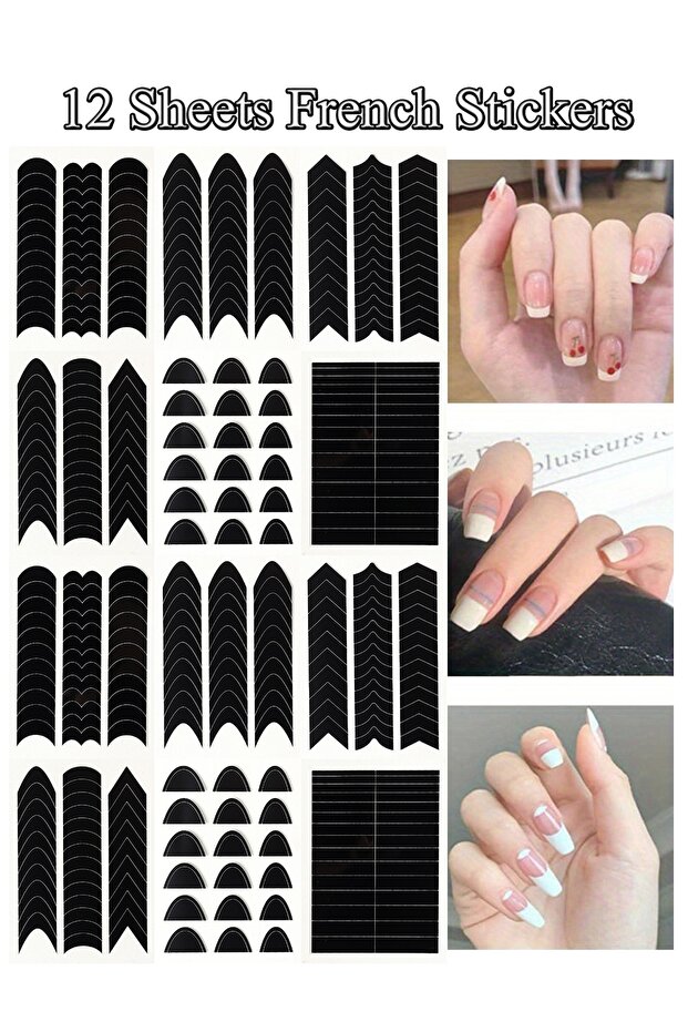 style4 (12 Sheets) 6/12 Sheets Styles French Tip Nail Art Guides Stickers Reusable Stencils for DIY