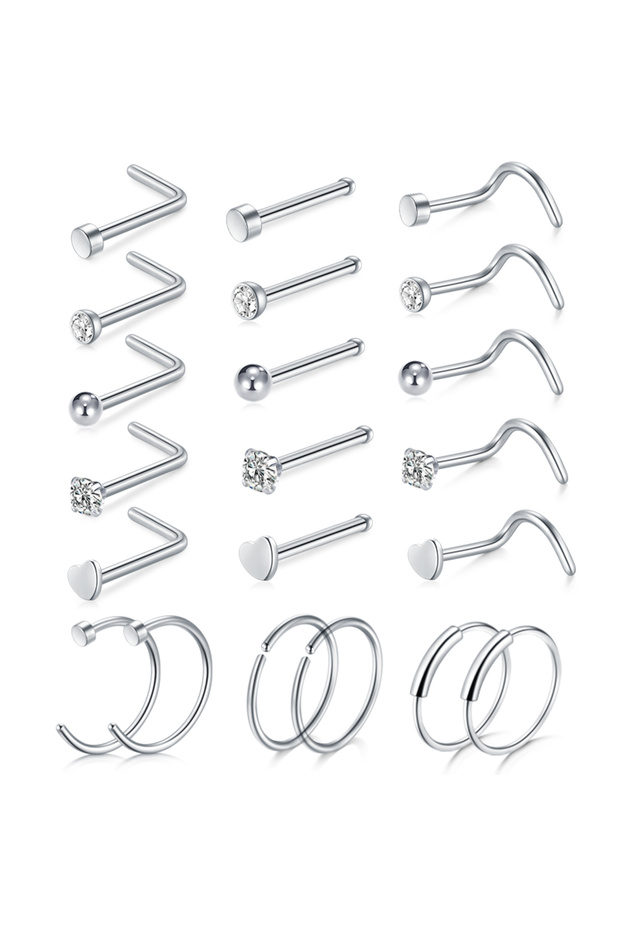 Silver-Set E 5/6/21Pcs 20G Nose Studs Stainless Steel Nostril Studs Screws Nose Ring Hoop Body Pierc