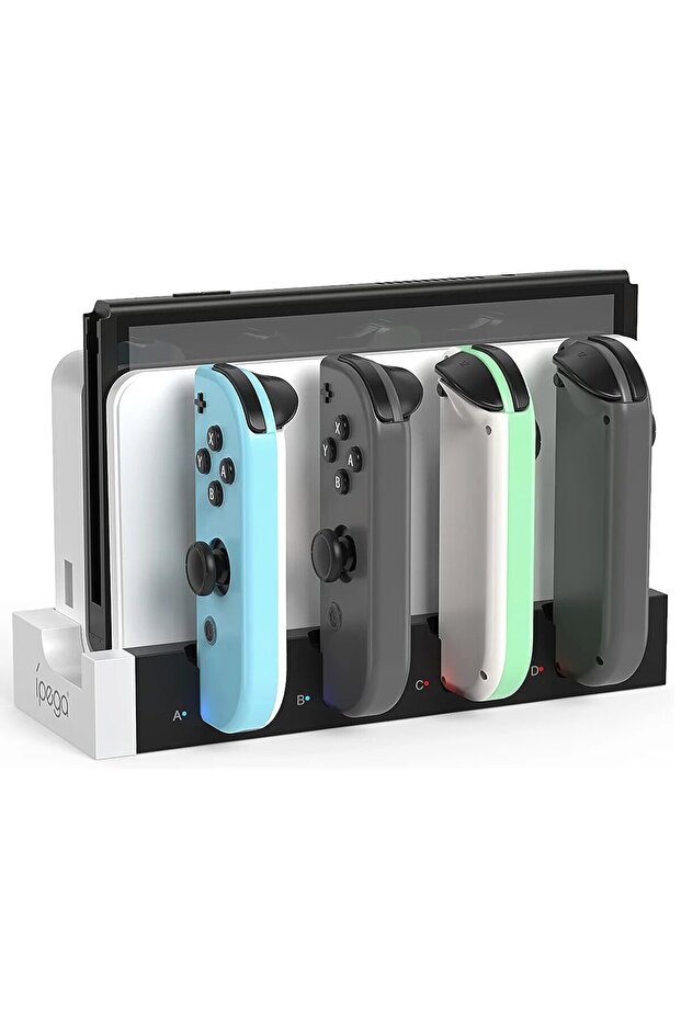 قاعدة شحن Joycon PG-9186 بيضاء من IPEGA لجهاز Switch&OLED - تشحن ما يصل إلى 4 وحدات تحكم، وجهاز كمبيوتر