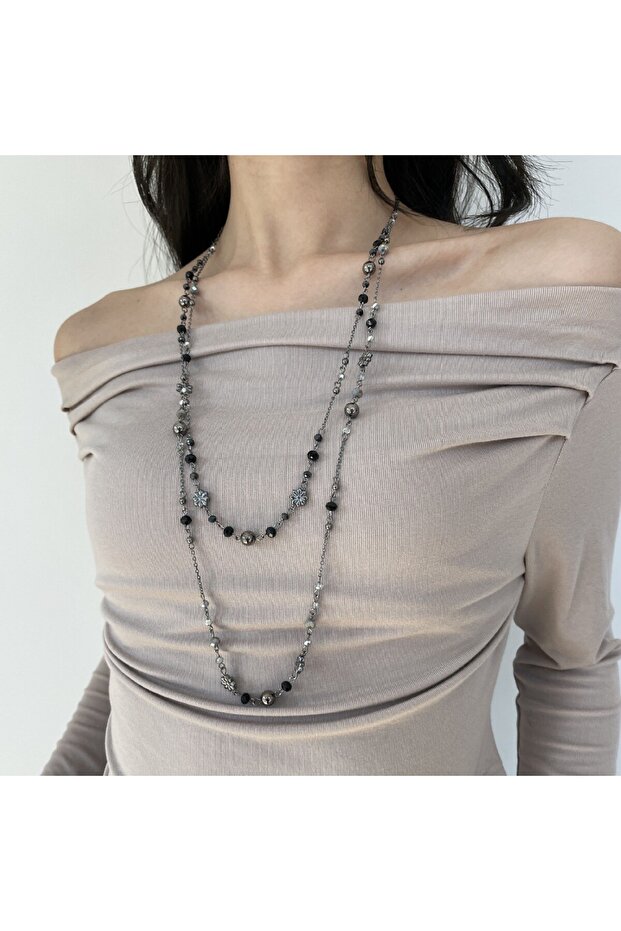 01 Vintage Fashion Double-layer Flower Necklace Long Stackable Sweater Chain Y2K Style Beaded Geomet