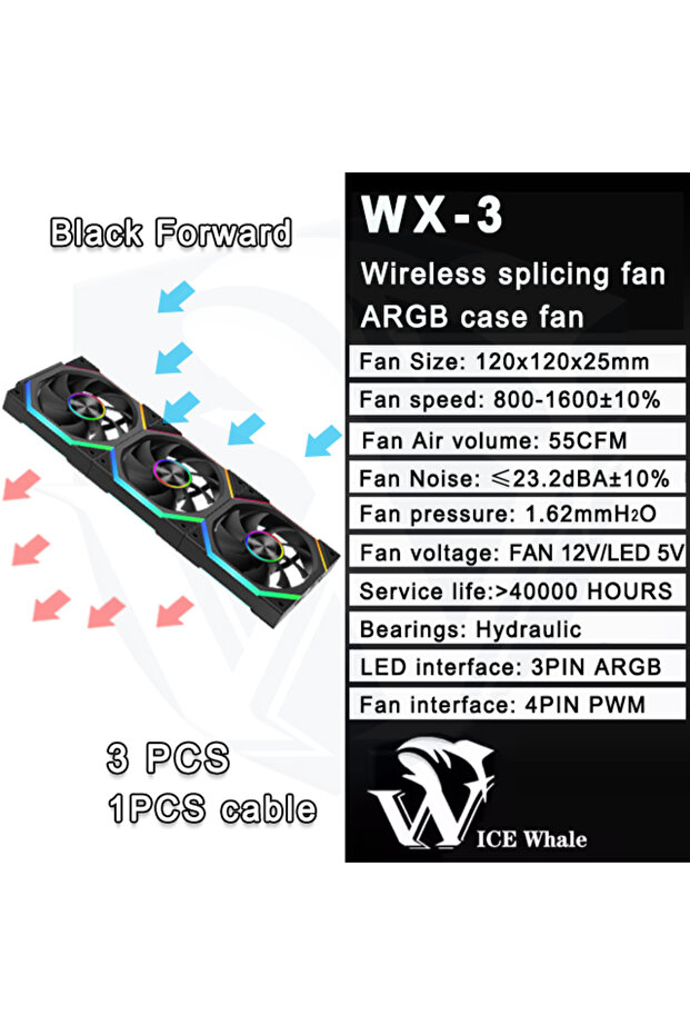 مروحة يحافظ على البرودة كمبيوتر ICE Whale WX-3 ثلاثية الأطراف، مزودة بإضاءة ARGB، لون أسود، قابلة للتوصيل، مع خاصية ARGB، لون أزرق ...