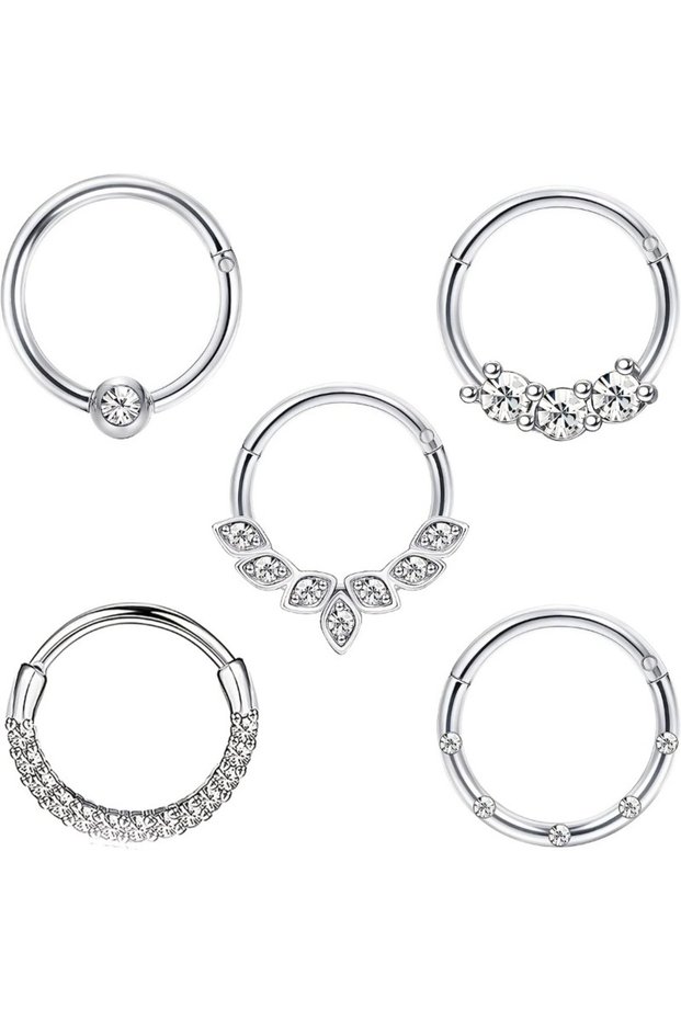 16G-1.2mm-10mm S1-5pcs-silvery 1/5pcs 16G Fashion 316L Stainless Steel CZ Hinged Septum Clicker Nose