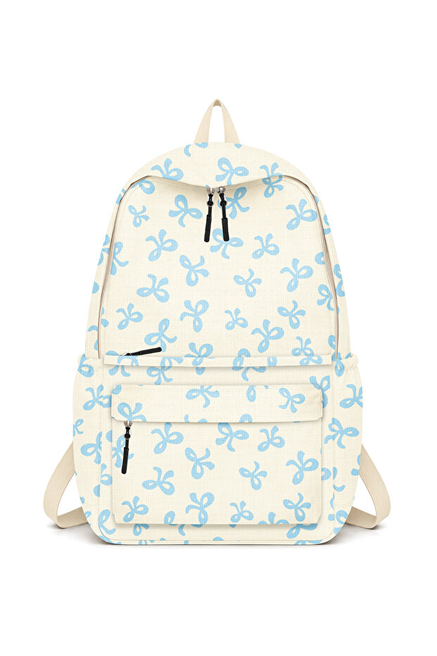 4-Compartment Large Size Blue Bow Patterned Women's Backpack - Daily Use Women's Backpack