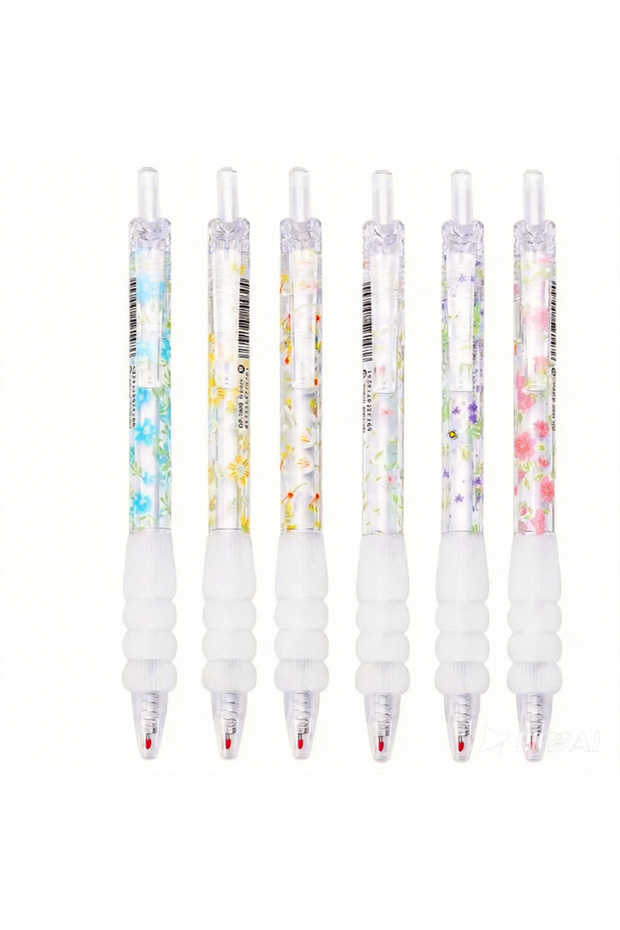 6pcs set Small Flowers Gel Pen 6pcs Set Quick Dry Glue Pen Black Ink Retractable Ballpoint Pen Writi