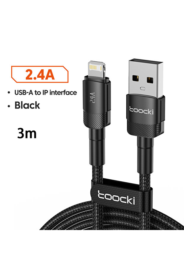 كابل USB أسود 3M بقوة 2.4 أمبير لهواتف آيفون 14 و13 و12 برو ماكس وXS وXR وآيباد، عبوة واحدة أو اثنتين، شحن سريع
