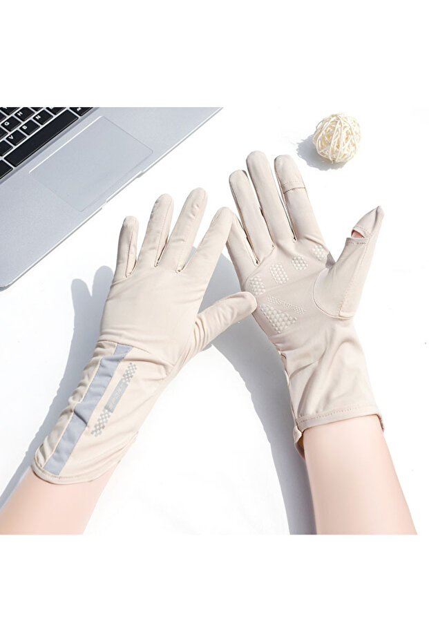 One Size Beige Summer Sunscreen Gloves Women Thin Ice Silk Anti-ultraviolet Dew Finger Touch Screen