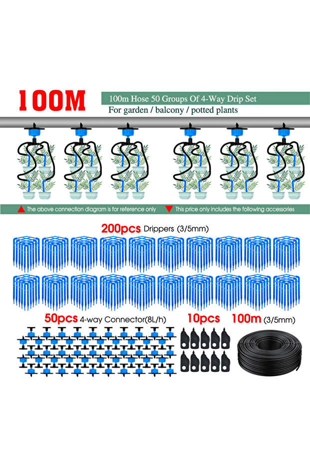 نظام ري بالتنقيط Gx100m kit 100-10M 4/2-Way 8L مع جهاز إرسال وريشة تنقيط ورشاش